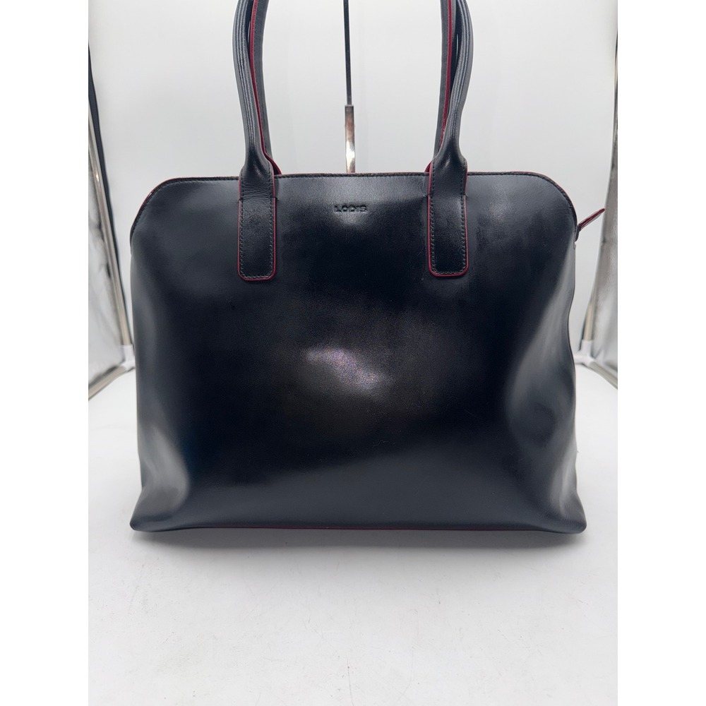 Lodis Black Leather Tote Bag Red Trim Laptop Work Shoulder Bag Structured - Picture 2 of 12